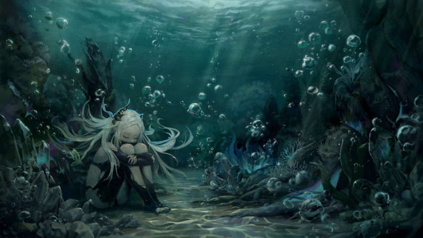 1girl, air_bubble, black_horns, black_nails, bubble, caustics, closed_eyes, commentary_request