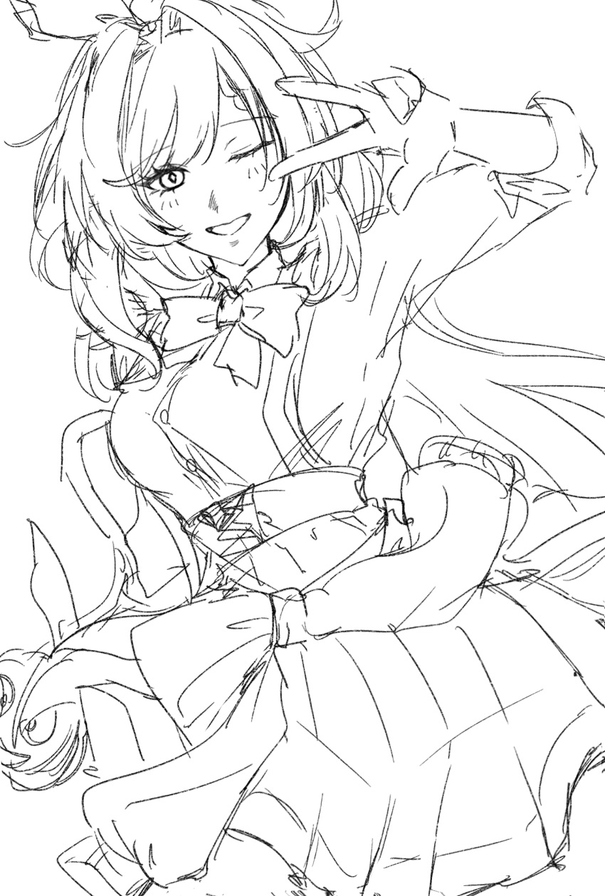 1girl, ;), bow, bowtie, breasts, clothes_around_waist, commentary_request, elysia_(don_quijote)_(honkai_impact), elysia_(honkai_impact), greyscale, highres, homu_(honkai_impact), honkai_(series), honkai_impact_3rd, large_breasts, long_hair, looking_at_viewer, monochrome, official_alternate_costume, one_eye_closed, shirt, si_mu_xx, skirt, smile, solo, sweater, sweater_around_waist, v, v_over_eye, very_long_hair