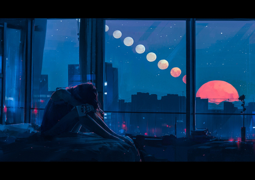 1girl, aenamiart, bed, bedroom, blue_theme, city, city_lights, cityscape