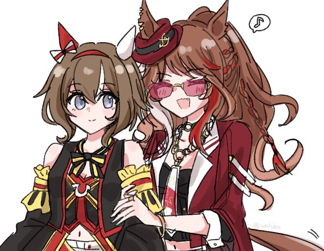 2girls, animal_ears, blue_eyes, brown_hair, closed_eyes, commentary_request, detached_sleeves, ears_through_headwear