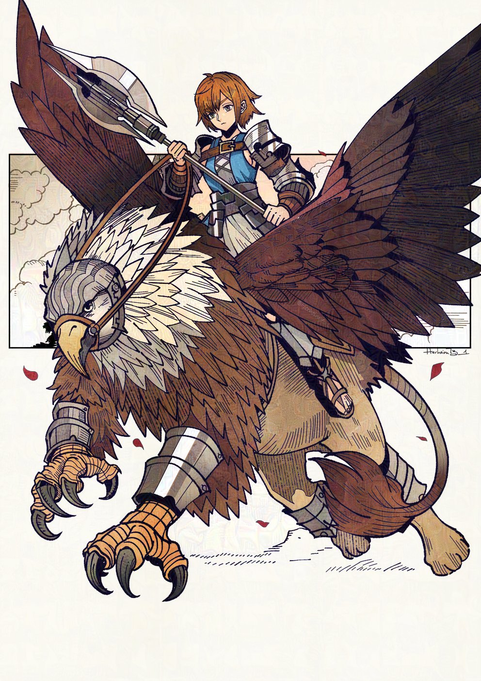 1girl, armor, artist_name, beak, bob_cut, brown_eyes, chimera, claws