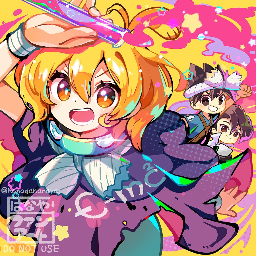 1girl, 2boys, antenna_hair, arm_up, blonde_hair, brown_eyes, brown_hair, cape