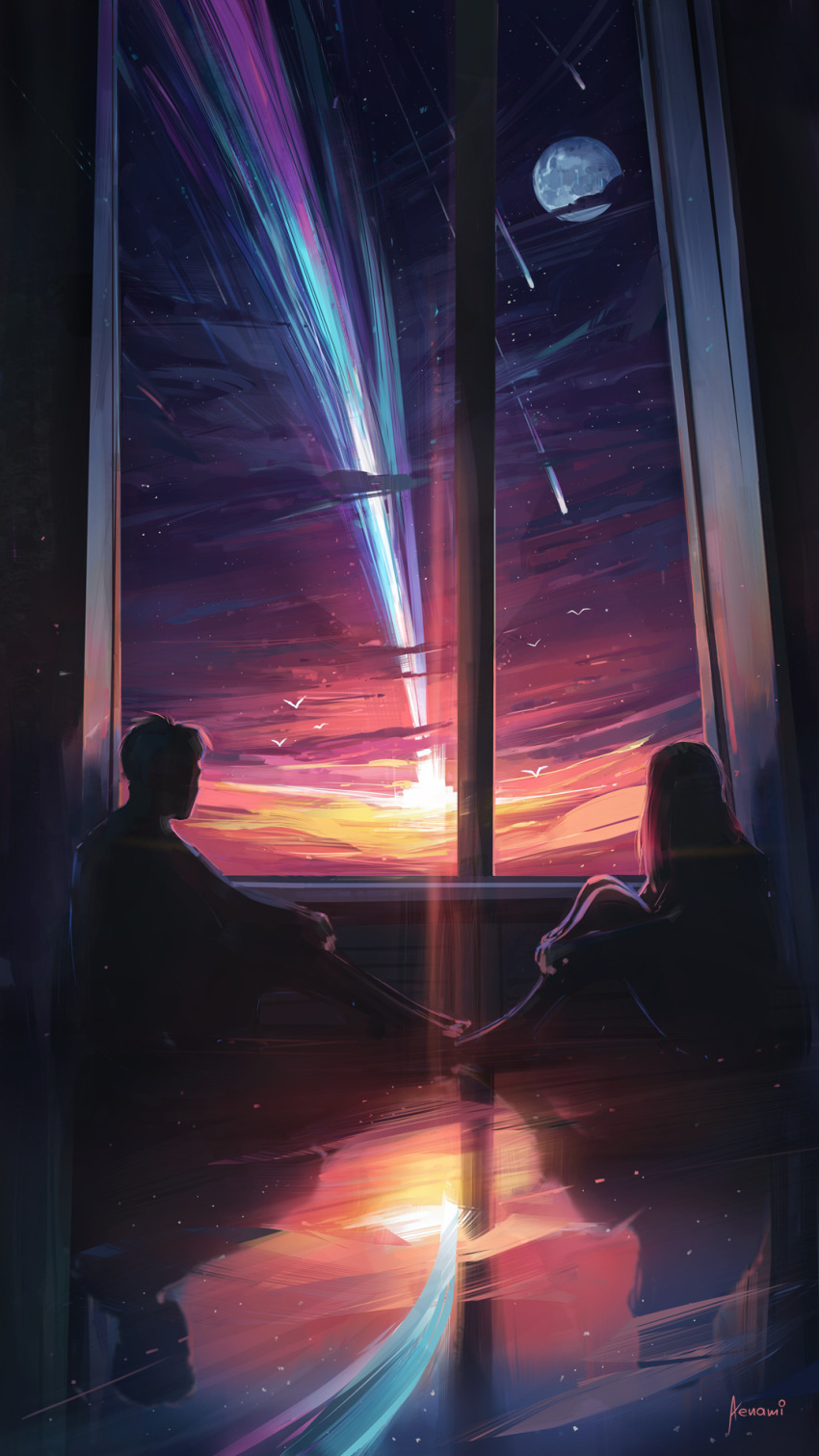 1boy, 1girl, aenamiart, artist_name, black_sky, blue_sky, building, commentary