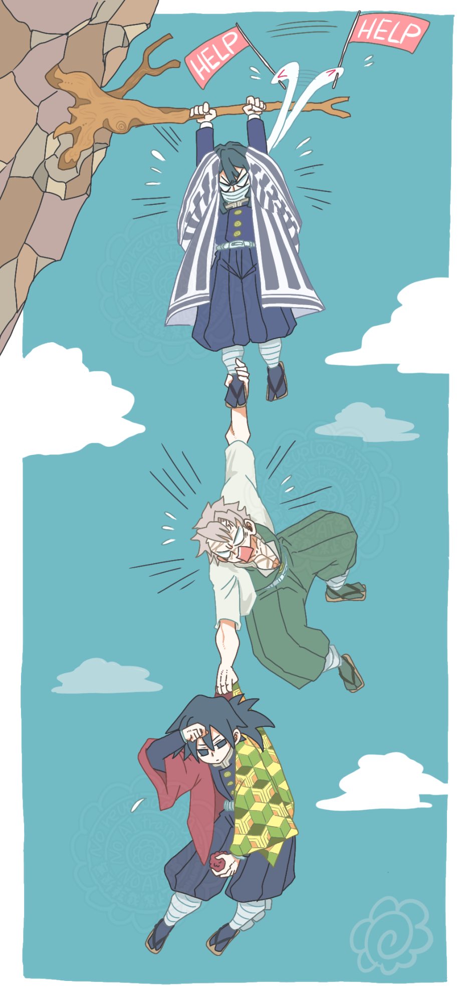 3boys, arms_up, black_hair, black_jacket, covered_mouth, english_text, flat_color, full_body, green_pants, hair_between_eyes, hanamaru_(warasu), hanging_from_tree, haori, highres, iguro_obanai, jacket, japanese_clothes, kikkoumon, kimetsu_no_yaiba, long_hair, low_ponytail, male_focus, multiple_boys, pants, ponytail, print_haori, shinazugawa_sanemi, short_hair, spiky_hair, striped_haori, tomioka_giyuu