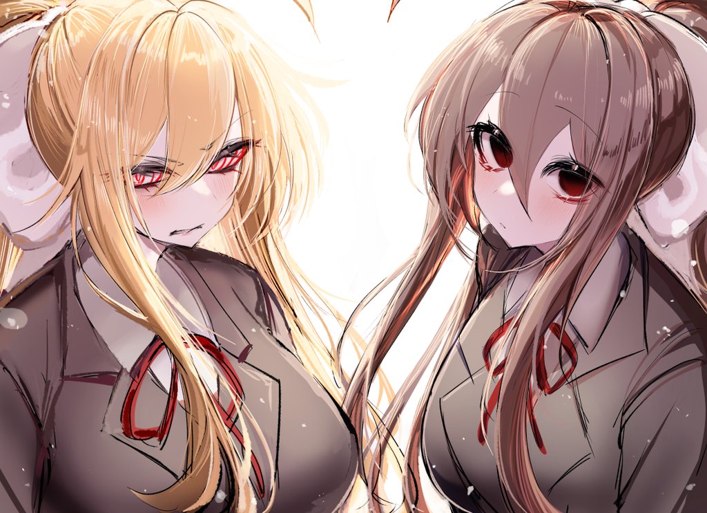 2girls, ahoge, alternate_eye_color, arms_at_sides, bags_under_eyes, black_eyes, blonde_hair, blush