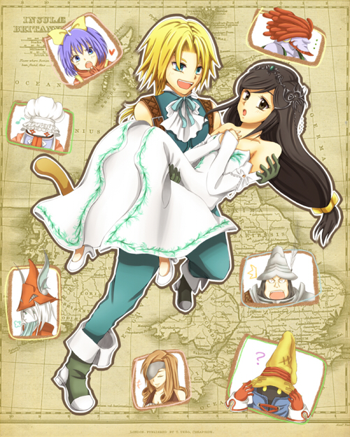 adelbert_steiner, amarant_coral, beatrix, blonde_hair, blue_eyes, blue_hair, blush, brown_eyes, brown_hair, couple, dress, eiko_carol, eyepatch, final_fantasy, final_fantasy_ix, freya_crescent, garnet_til_alexandros_xvii, gloves, green_eyes, group, happy, hat, heart, horns, jewelry, long_hair, music, pants, quina_quen, redhead, ribbon, short_hair, smile, surprised, tail, tongue, vivi_ornitier, warrior, white_hair, yellow_eyes, zidane_tribal