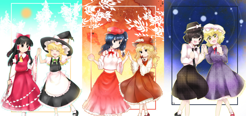 6+girls, :d, ^_^, absurdres, apron, ascot, black_eyes, black_hair, black_hat, black_necktie, black_ribbon, black_shoes, black_skirt, black_vest, blonde_hair, blue_hair, blush, bow, bowtie, braid, branch, buttons, closed_eyes, closed_mouth, collared_dress, collared_shirt, commentary, contrast_collar, cross, detached_sleeves, dress, food, frilled_apron, frilled_ascot, frilled_hat, frilled_shirt_collar, frilled_skirt, frilled_sleeves, frills, fruit, gohei, hair_bow, hakurei_reimu, hand_on_own_hat, hat, hat_bow, highres, holding, holding_cross, holding_food, holding_fruit, holding_gohei, holding_hands, jacket_girl_(dipp), kanonari, kirisame_marisa, label_girl_(dipp), long_hair, long_skirt, maribel_hearn, mary_janes, medium_hair, mob_cap, multiple_girls, neck_ribbon, necktie, newsboy_cap, open_mouth, peach, puffy_short_sleeves, puffy_sleeves, purple_dress, red_bow, red_bowtie, red_hat, red_shirt, red_shoes, red_skirt, ribbon, ribbon-trimmed_bow, ribbon-trimmed_skirt, ribbon-trimmed_sleeves, ribbon_trim, shirt, shirt_tucked_in, shoes, short_hair, short_sleeves, side_ponytail, signature, single_braid, skirt, smile, socks, standing, star_(sky), sun, touhou, usami_renko, vest, waist_apron, wavy_hair, white_apron, white_bow, white_hat, white_shirt, white_sleeves, white_socks, yellow_ascot, yellow_eyes, yuri