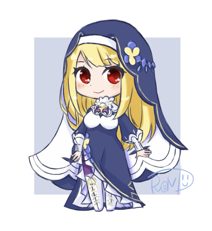 1girl, blonde_hair, blue_dress, blush, boots, border, breasts, chibi
