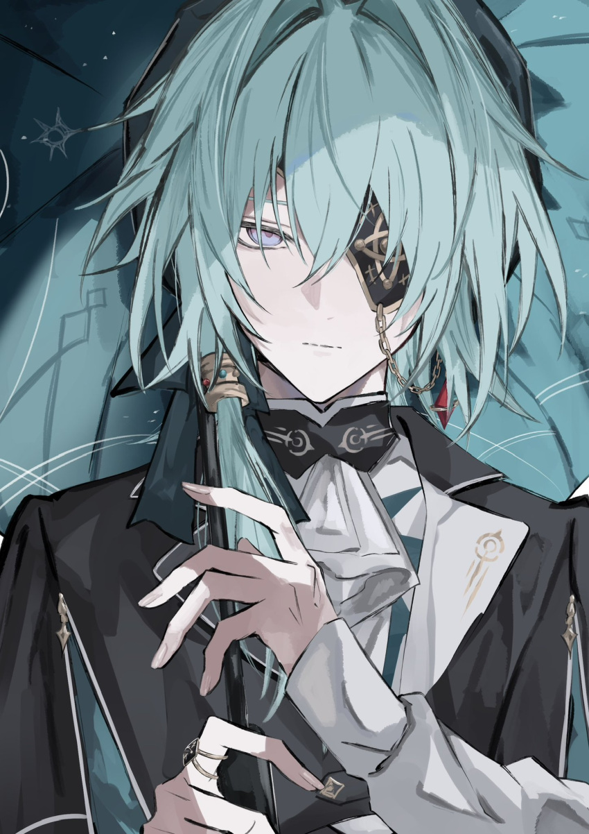 1boy, anaxa_(honkai:_star_rail), anaxa_(impression)_(honkai:_star_rail), aqua_hair, ascot, black_hat, closed_mouth, eyepatch