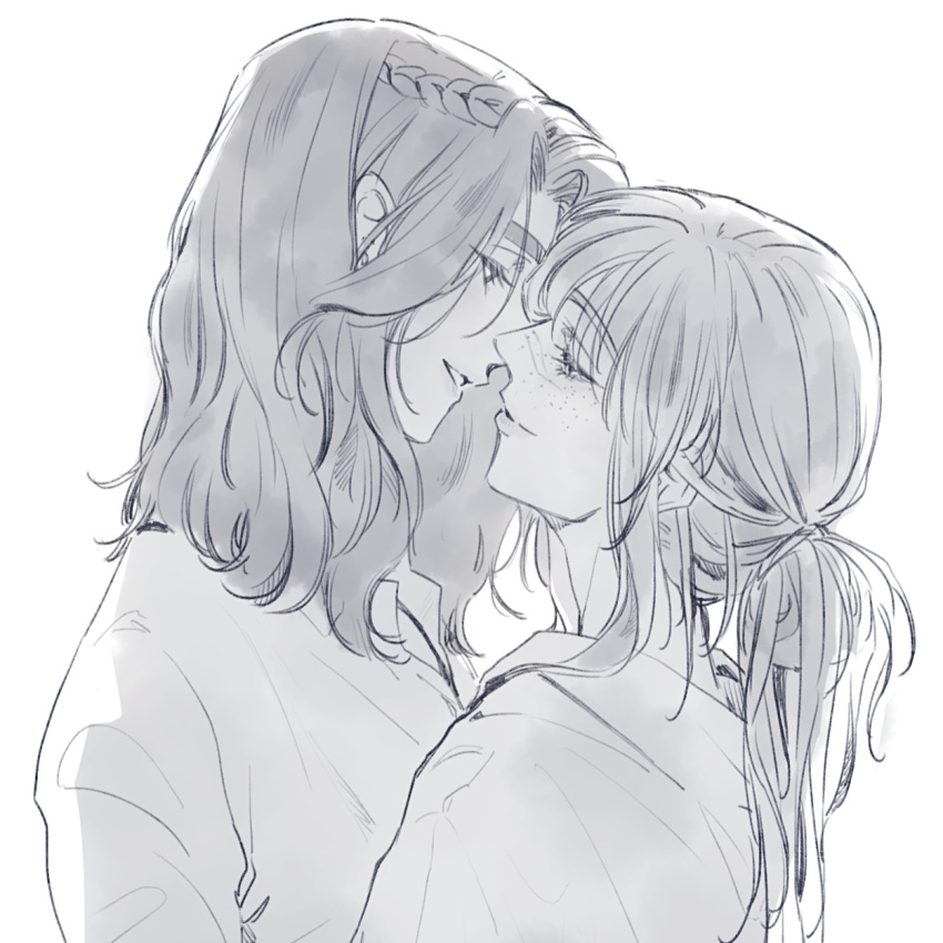 2girls, braid, clair_obscur:_expedition_33, eye_contact, freckles, from_side, hair_bun, half-closed_eyes