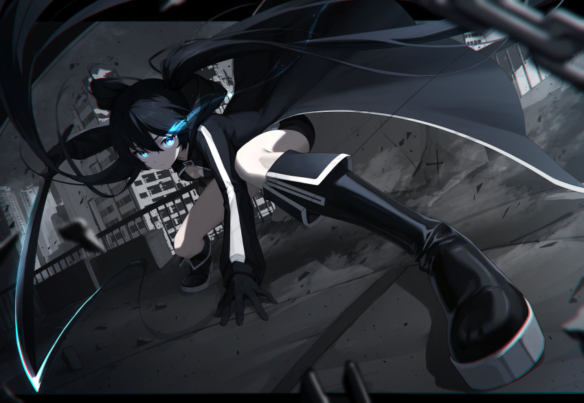 absurdres, black_boots, black_coat, black_gloves, black_hair, black_rock_shooter, black_rock_shooter_(character), black_shorts