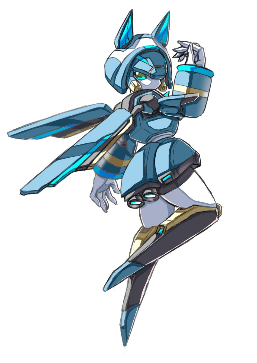 1girl, blue_helmet, commentary_request, helmet, highres, humanoid_robot, joints, mechanical_wings