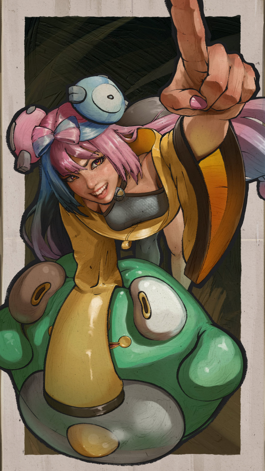 1girl, absurdres, ant_jams, arm_up, bellibolt, blue_hair, bow-shaped_hair, character_hair_ornament, commentary, criss-cross_halter, fingernails, freckles, from_above, full_body, grey_pantyhose, hair_ornament, halter_shirt, halterneck, hand_on_another's_head, hexagon_print, highres, index_finger_raised, iono_(pokemon), jacket, long_hair, looking_at_viewer, multicolored_hair, nail_polish, open_mouth, oversized_clothes, pantyhose, pink_hair, pink_nails, pointing, pointing_at_viewer, pokemon, pokemon_(creature), pokemon_sv, single_leg_pantyhose, sleeves_past_fingers, sleeves_past_wrists, smile, solo_focus, split-color_hair, teeth, two-tone_hair, upper_teeth_only, wide_sleeves, x_(symbol), yellow_jacket