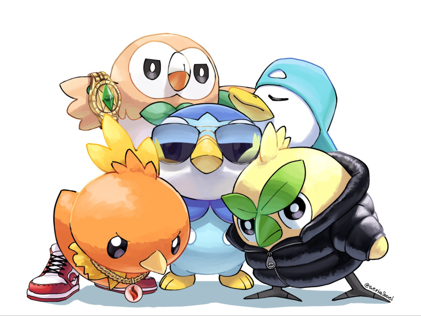 5others, backwards_hat, bird, black_coat, blue_hat, browt, clothed_pokemon, coat