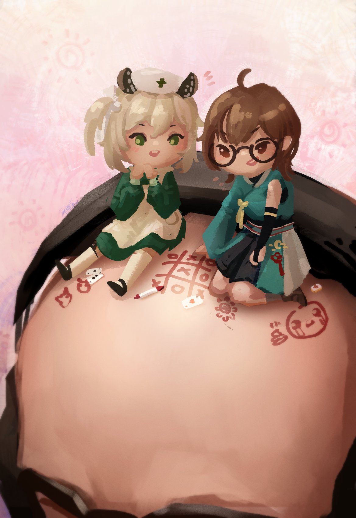 2boys, 2girls, ahoge, animal_ears, apron, bald, brown_eyes, brown_hair