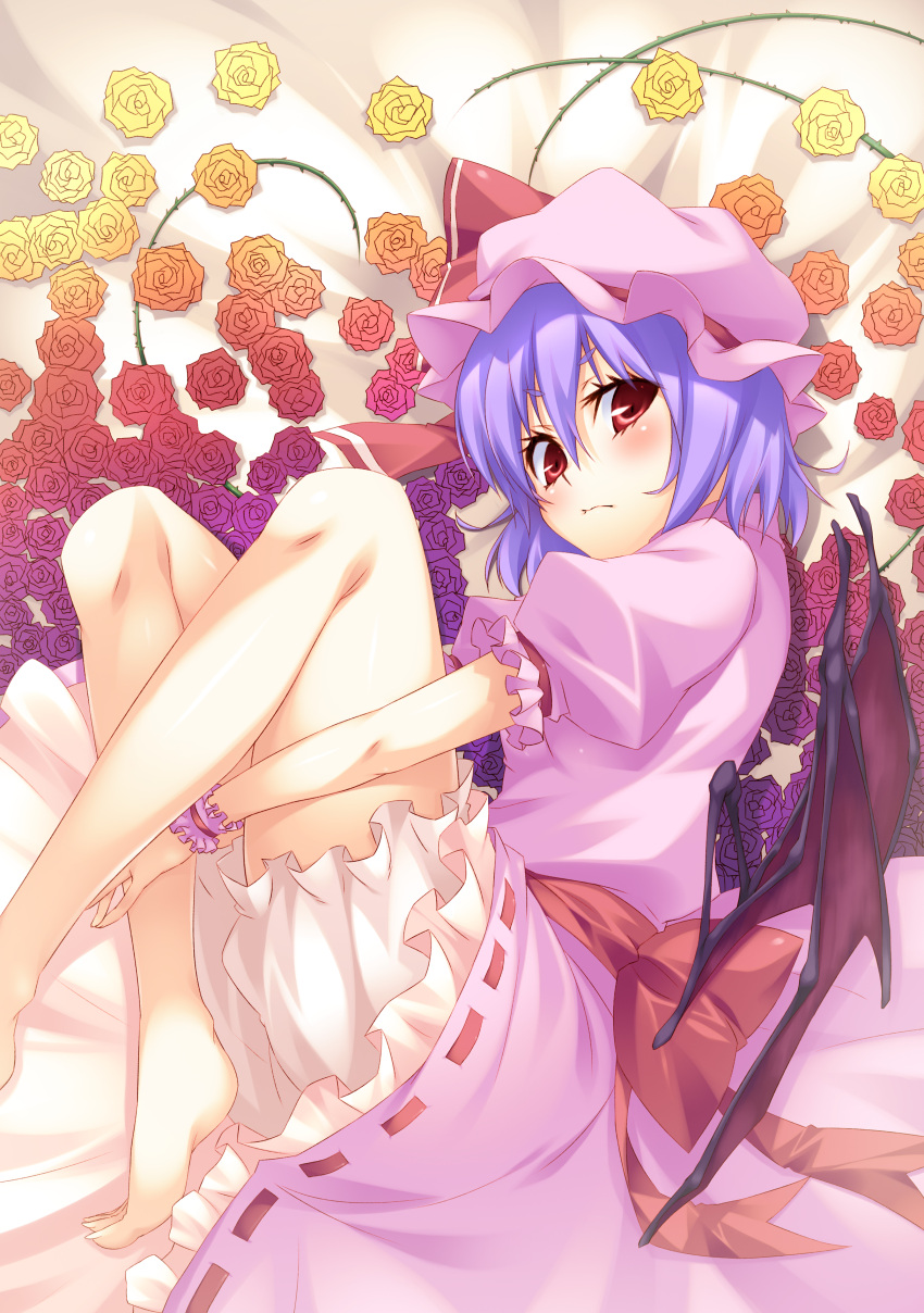 absurdres, bare_legs, barefoot, bloomers, bow, bz_(pixiv), dress, fetal_position, flower, hat, highres, kokonoe_shuu, large_bow, lavender_hair, leg_hug, looking_at_viewer, lying, on_side, red_eyes, remilia_scarlet, rose, solo, touhou, vines, wings, wrist_cuffs