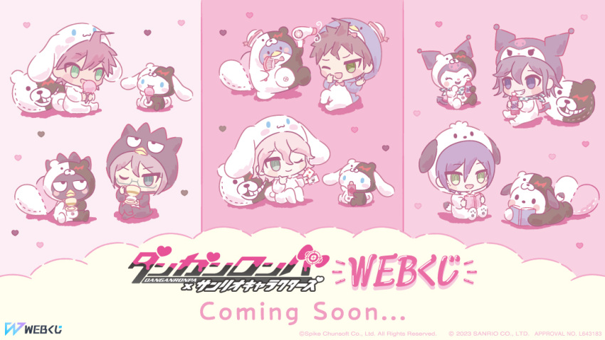 1girl, 6+boys, badtz-maru, badtz-maru_(cosplay), bird, chibi, cinnamoroll, cinnamoroll_(cosplay)