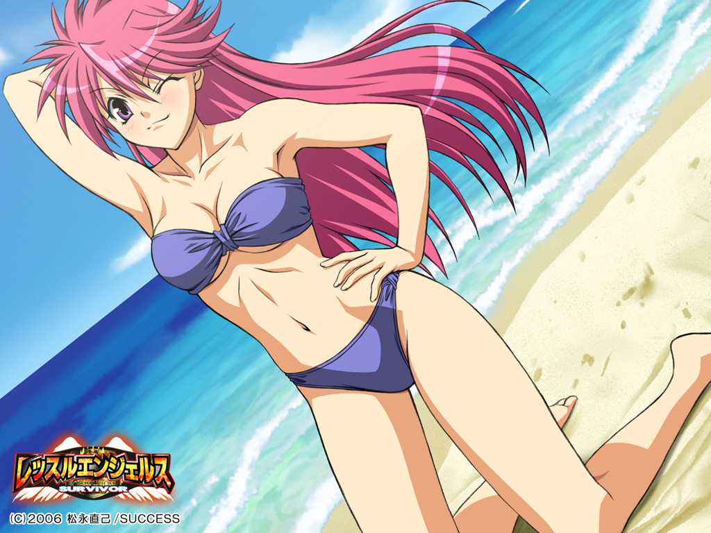 bandeau, beach, bikini, breasts, cleavage, hand_on_hip, kneeling, long_hair