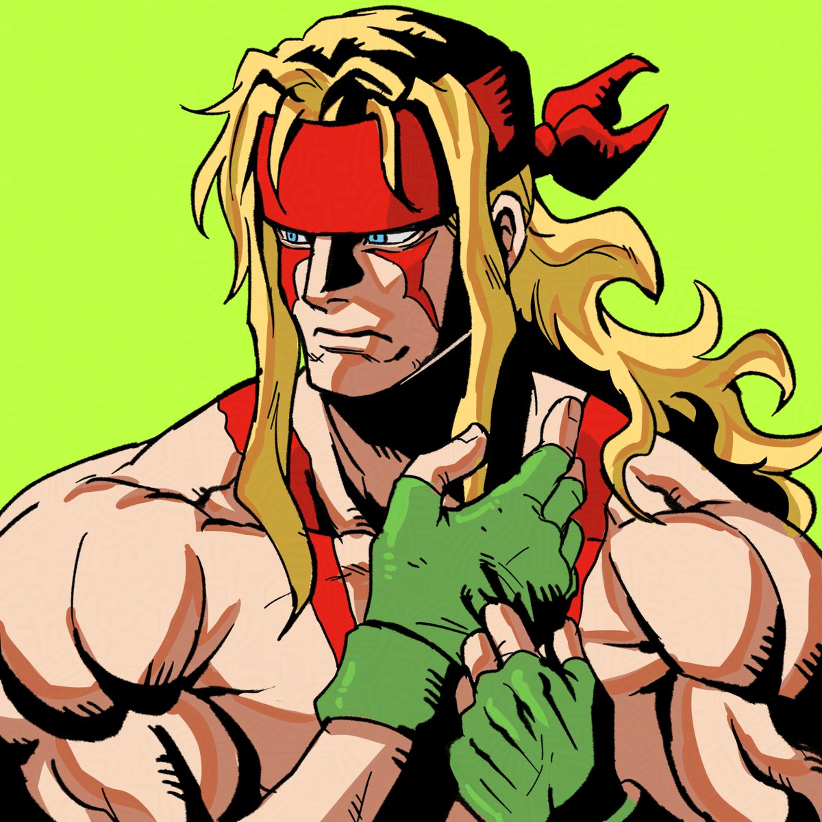1boy, adjusting_clothes, adjusting_gloves, alex_(street_fighter), arms_up, blonde_hair, blue_eyes, body_markings