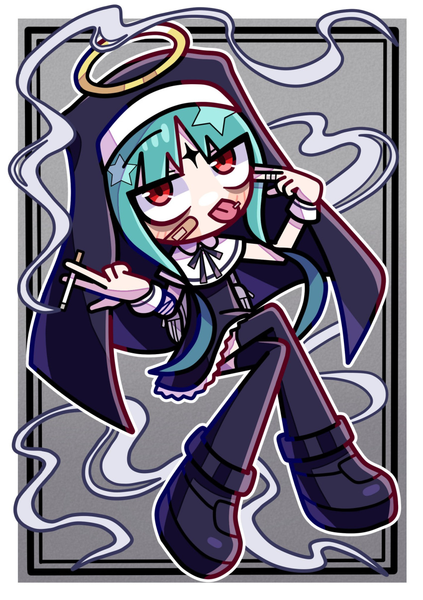 1girl, akina_mochi, aqua_hair, backpack, bag, bandaged_arm, bandaged_fingers, bandages, bandaid, bandaid_on_face, black_border, black_dress, black_ribbon, black_shoes, black_thighhighs, blush, border, cigarette, commentary_request, crossed_legs, deformed, dress, finger_gun, finger_gun_to_head, full_body, grey_background, halo, hatsune_miku, highres, holding, holding_cigarette, inset_border, kamippoina_(vocaloid), looking_at_viewer, neck_ribbon, nun, nun_headdress, outline, outside_border, piercing, red_eyes, ribbon, shoes, smoke, smoking, solo, sparkle_facial_mark, star_(symbol), thigh-highs, tongue, tongue_out, tongue_piercing, upturned_eyes, vocaloid, white_bag, white_border, white_outline, yellow_halo