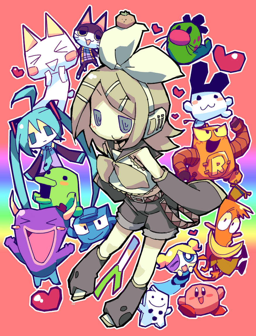 >_<, 2000s_(style), 3girls, 5boys, ahoge, animal_crossing, black_leg_warmers, black_shorts, blonde_hair, blue_eyes, bow_hairband, bubbles_(ppg), cameo, camp_lazlo, cat_boy, chibi, creature, crossover, detached_sleeves, doko_demo_issyo, domino-kun, domino-kun_o_tomenaide., drawpile_(medium), faux_retro_artstyle, furry, furry_male, hairband, hanage_(super_milk-chan), hatsune_miku, headphones, heart, heisei_retro, inoue_toro, kagamine_rin, kirby, kirby_(series), kuchipatchi, lazlo_(camp_lazlo), leg_warmers, mimitchi, monster_(robot_and_monster), multiple_boys, multiple_crossover, multiple_girls, neckerchief, negiwave2000, original, photoshop_(medium), powerpuff_girls, punchy_(animal_crossing), rainbow, robot_(robot_and_monster), robot_and_monster, shirt, short_hair, shorts, smile, solo_focus, spring_onion, super_milk-chan, tamagotchi, tamagotchi_(creature), twintails, vocaloid, white_hairband, white_shirt, yellow_neckerchief