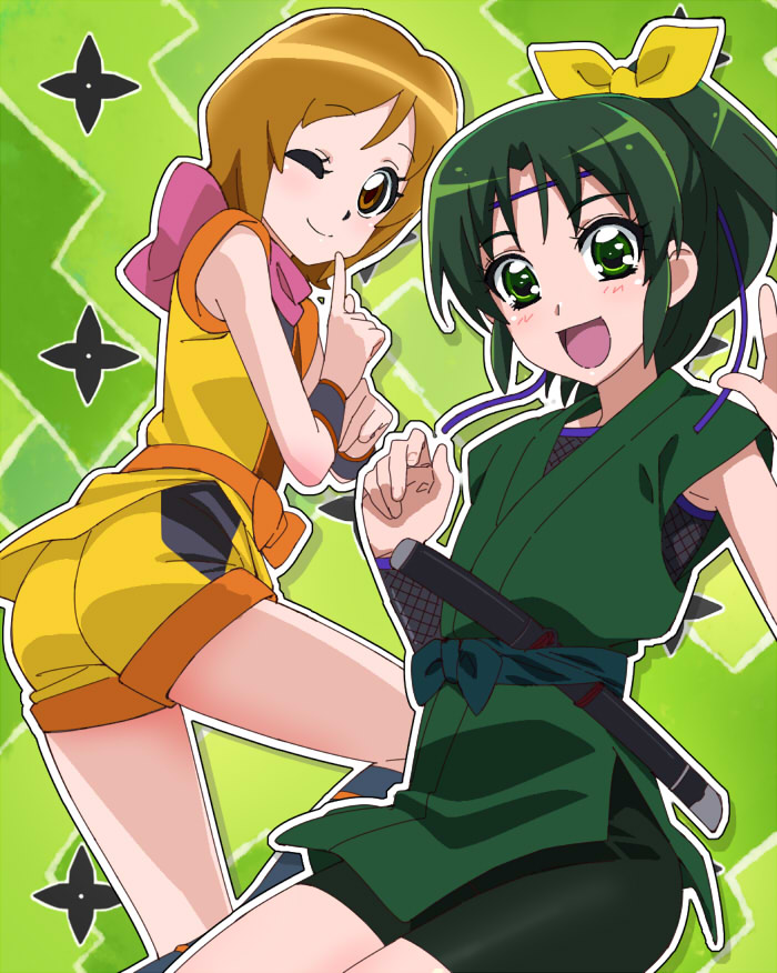 2girls, alternate_costume, arm_warmers, bike_shorts, black_shorts, bracer, brown_hair, closed_mouth, commentary, fishnet_arm_warmers, from_side, green_background, green_eyes, green_hair, green_shirt, hair_ribbon, happinesscharge_precure!, in-franchise_crossover, index_finger_raised, japanese_clothes, leaning_forward, looking_at_viewer, looking_back, medium_hair, midorikawa_nao, multiple_girls, ninja, one_eye_closed, oomori_yuuko, open_mouth, outline, precure, red_scarf, ribbon, scarf, sheath, sheathed, shirt, short_hair, short_shorts, shorts, shuriken, sleeveless, sleeveless_shirt, smile, smile_precure!, standing, sword, tonbi, wakizashi, weapon, white_outline, yellow_ribbon, yellow_shirt, yellow_shorts