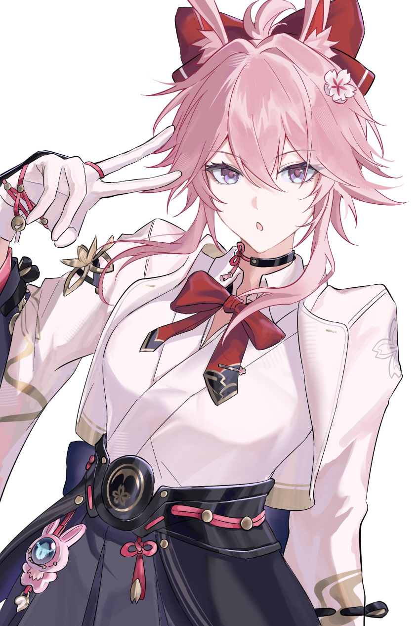 1girl, absurdres, animal_ear_fluff, animal_ears, black_choker, black_skirt, bow, bowtie, choker, collared_shirt, commentary, cowboy_shot, dutch_angle, evanescia_(honkai:_star_rail), fox_ears, fox_tail, gloves, hair_bow, hashtag-only_commentary, highres, honkai:_star_rail, honkai_(series), jacket, kano_kano_777, long_sleeves, looking_at_viewer, open_clothes, open_jacket, parted_lips, pink_hair, red_bow, red_bowtie, shirt, short_hair_with_long_locks, sidelocks, simple_background, skirt, solo, tail, v, violet_eyes, white_background, white_gloves, white_jacket, white_shirt