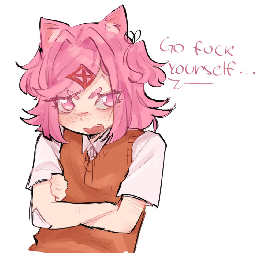1girl, animal_ears, brown_sweater_vest, cat_ears, cat_girl, collared_shirt, commentary, crossed_arms