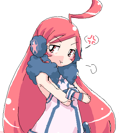 1girl, 2000s_(style), ahoge, anger_vein, crossed_arms, cyber_fashion, dress, faux_retro_artstyle, gloves, headphones, headset, jaggy_lines, jitome, joints, long_hair, looking_at_viewer, lowres, negiwave2000, oekaki, paintbbs_(medium), pout, red_eyes, red_hair, robot_joints, sf-a2_miki, simple_background, solo, spoken_anger_vein, star_(symbol), very_long_hair, vocaloid, white_background, wrist_cuffs