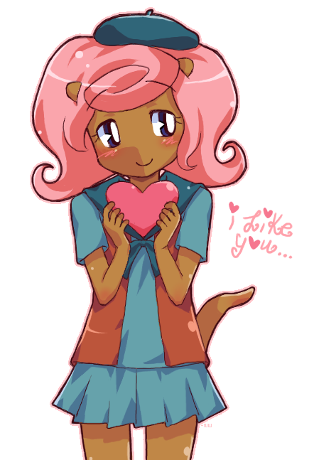 1girl, 2000s_(style), animal_ears, animification, beret, blue_shirt, blue_skirt, blush