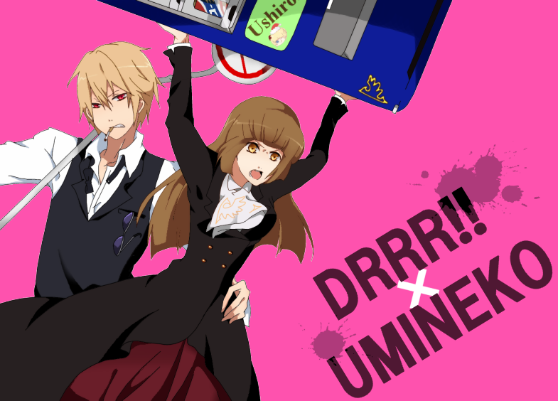 blonde_hair, brown_hair, crossover, dress, durarara!!, heiwajima_shizuo, red_eyes, sunglasses