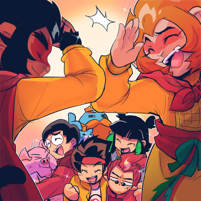 1girl, 6+boys, =_=, ^_^, animification, beard, black_fur, black_hair