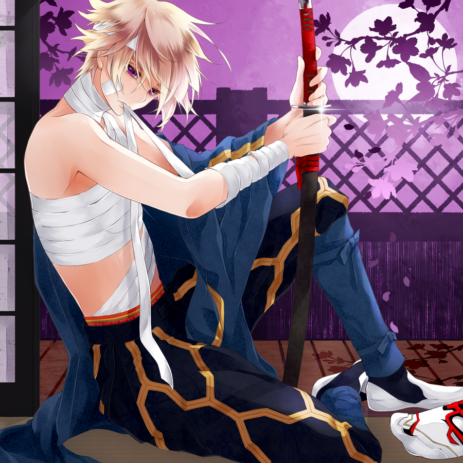 bandage, bandages, blonde_hair, gaika, ivan_karelin, japanese_clothes, katana, male