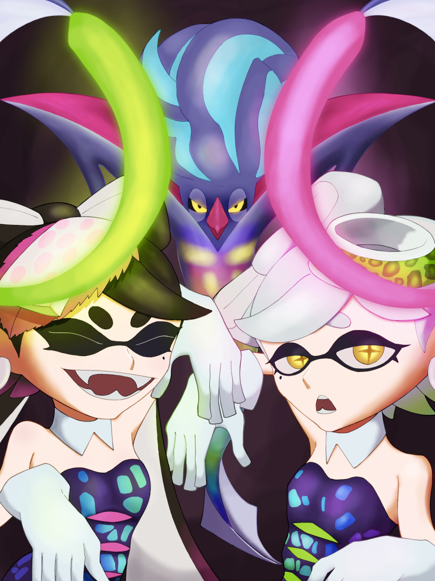 2girls, beak, black_dress, black_hair, black_jumpsuit, black_sclera, bow-shaped_hair, callie_(splatoon)