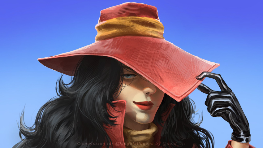 1girl, artist_name, black_gloves, black_hair, blue_eyes, blue_sky, carmen_sandiego, carmen_sandiego_(series)
