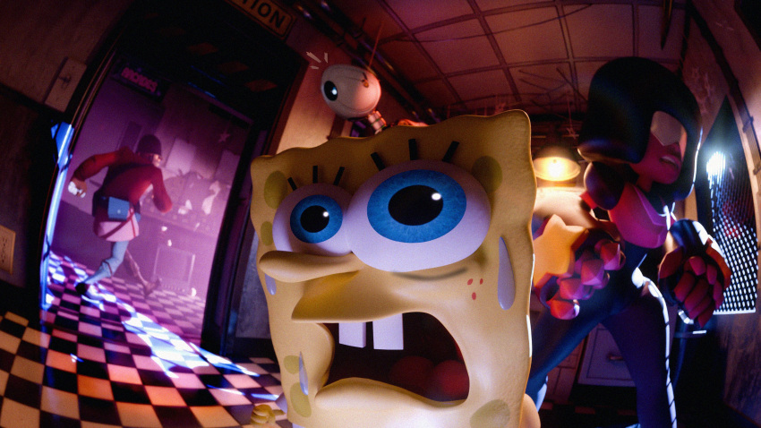 1girl, 2boys, 3d, absurdres, black_hair, blue_eyes, bonnie_(fnaf), buck_teeth