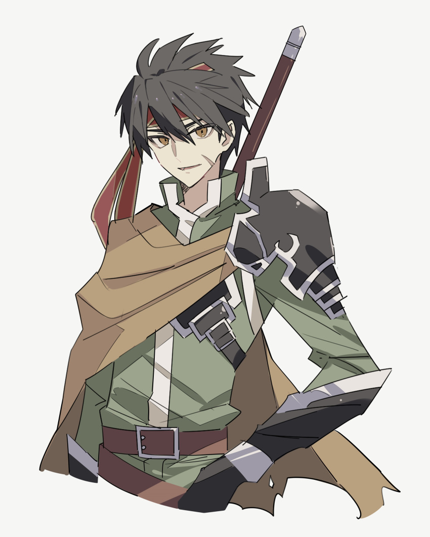 1boy, absurdres, armor, belt, brown_cloak, brown_eyes, cloak, commentary_request