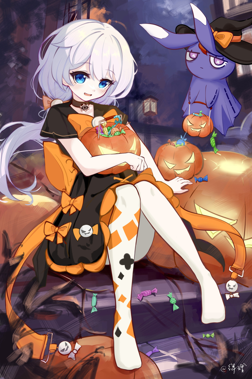 1girl, :d, absurdres, artist_name, asymmetrical_legwear, back_bow, bags_under_eyes, banbanban_li