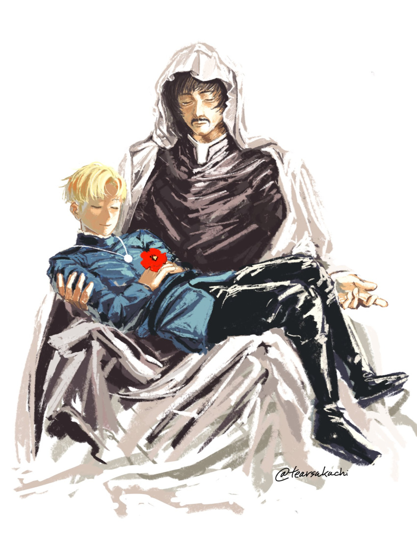 2boys, black_hair, black_pants, black_shoes, blonde_hair, blue_jacket, chi.:_chikyuu_no_undou_ni_tsuite, clerical_collar