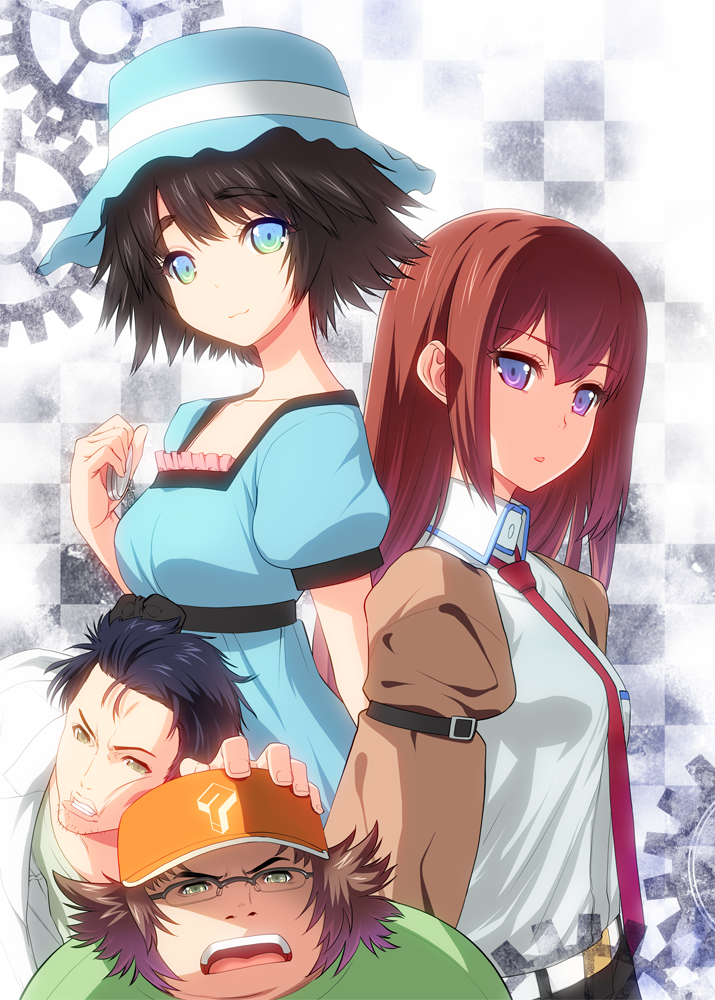 2girls, :3, black_hair, blue_eyes, breasts, brown_hair, frills, gears