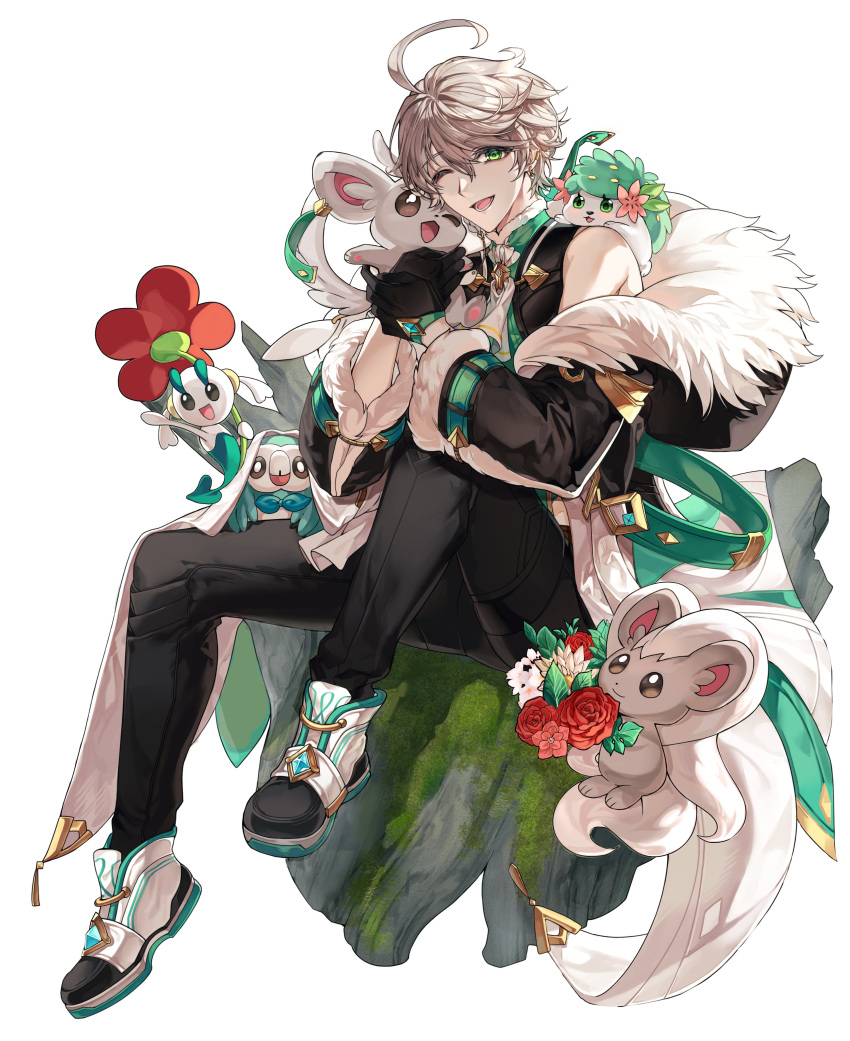 1boy, ;d, absurdres, ahoge, ainchase_ishmael, alternate_color, ascot, black_gloves