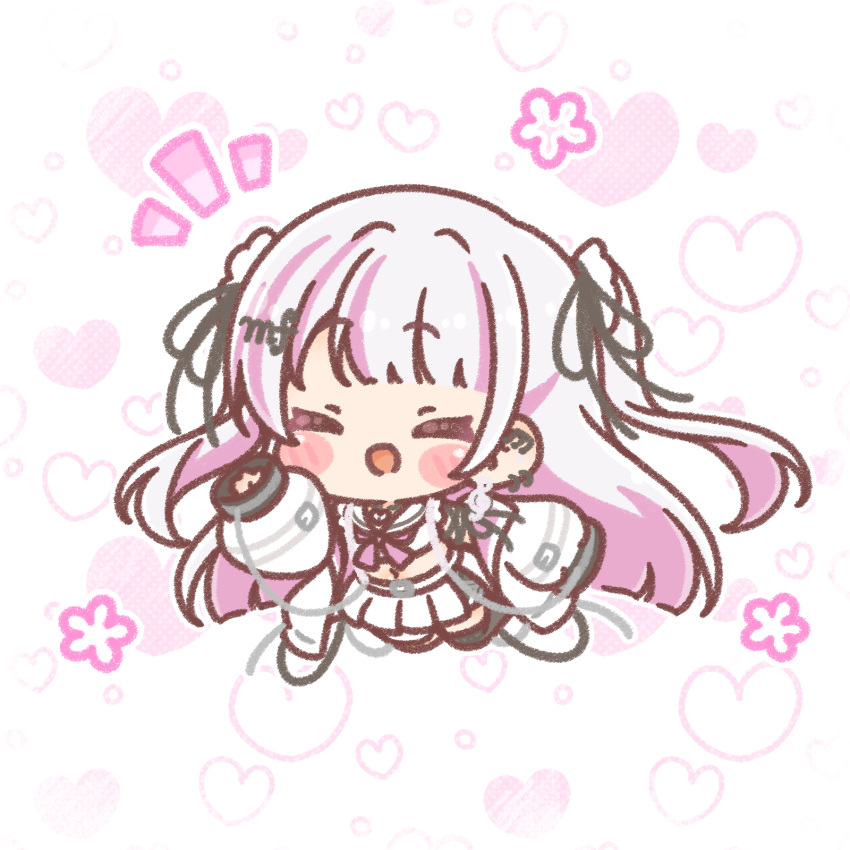1girl, :d, ^_^, beamed_eighth_notes, beamed_sixteenth_notes, black_ribbon, chibi, closed_eyes