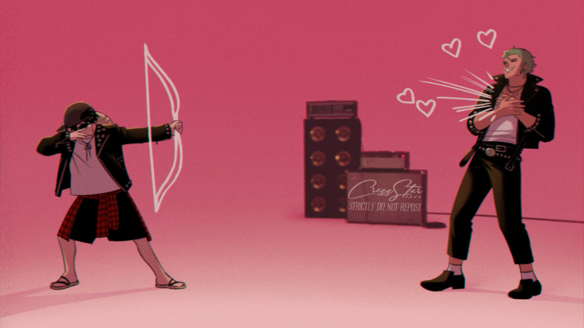 apt._(rose_&amp;_bruno_mars), backwards_hat, belt, black_jacket, black_shorts, bow, bow_(weapon), commentary, crezz_(infj_crezz), drawing_bow, full_body, grin, hat, heart, highres, holding, holding_bow_(weapon), holding_weapon, jacket, jewelry, leather, leather_jacket, monkey_d._luffy, multiple_belts, necklace, one_piece, pink_background, roronoa_zoro, shirt, shorts, signature, smile, socks, sunglasses, untranslatable_commentary, weapon, white_shirt, white_socks