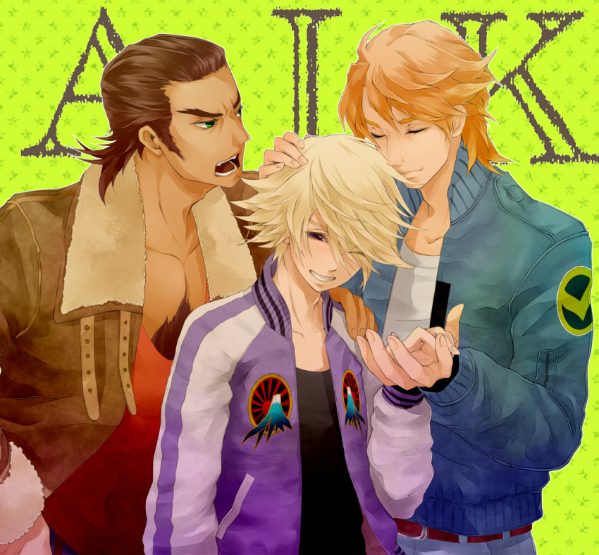 antonio_lopez, blonde_hair, blue_jacket, blush, bomber_jacket, brown_hair, chest_hair, gaika