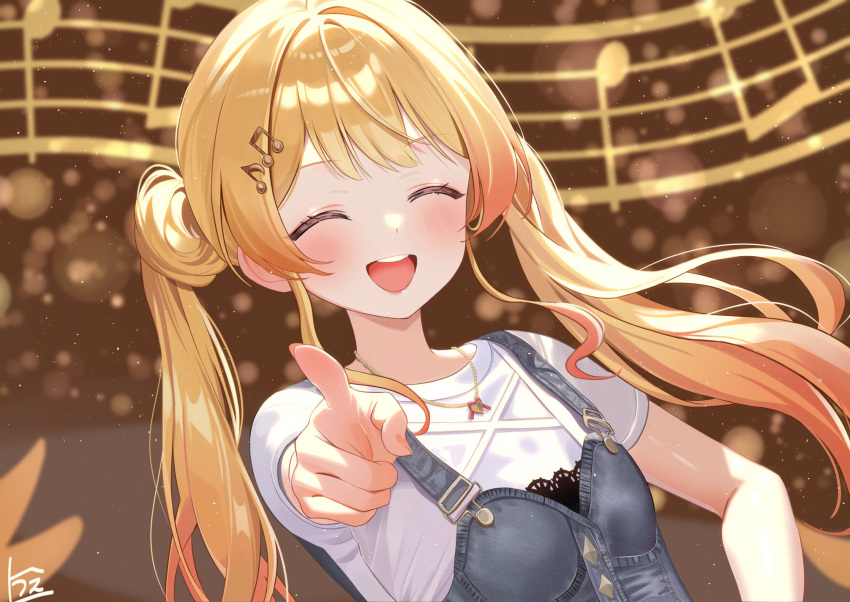 1girl, ^_^, blonde_hair, blurry, blurry_background, closed_eyes, commentary_request, denim
