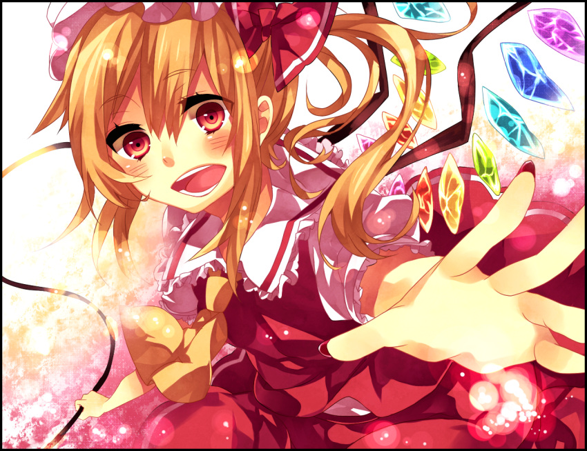 akizuki_mizuho, bad_id, blonde_hair, bow, flandre_scarlet, foreshortening, hair_bow, hands