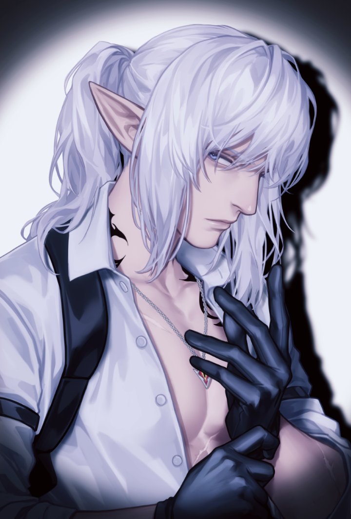 1boy, adjusting_eyewear, black_gloves, blue_eyes, chest_harness, closed_mouth, elezen, elf