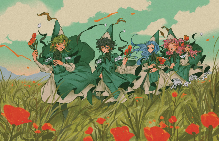 4girls, agott_arklaum_(tongari_boushi_no_atelier), black_hair, blue_eyes, blue_hair, blush, brown_eyes, child
