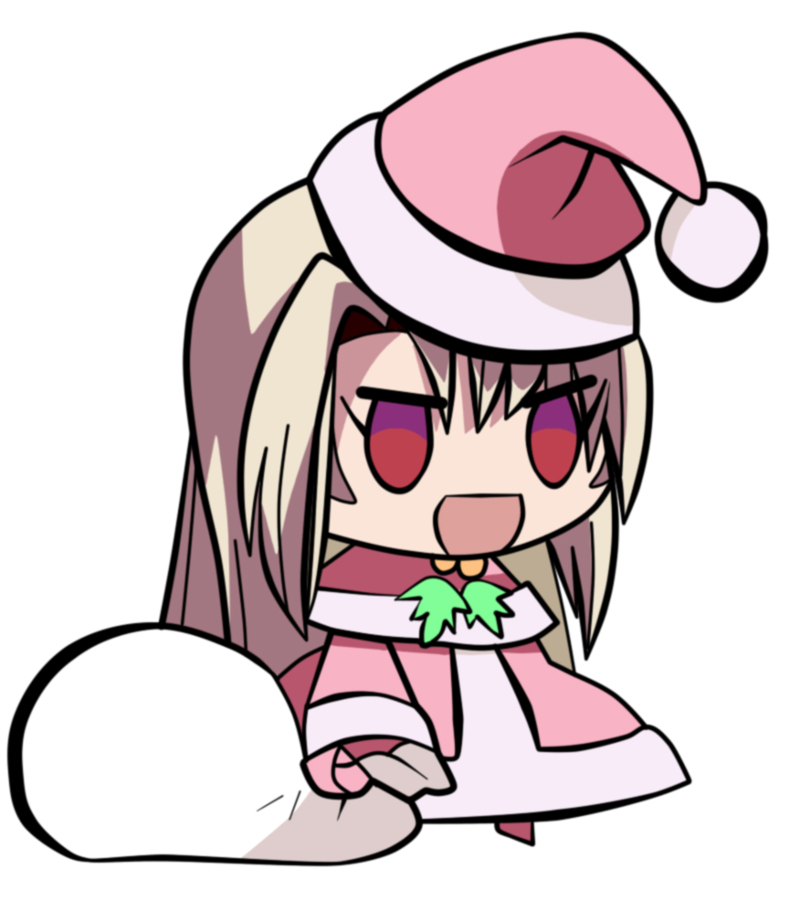 capelet, chibi, christmas, dress, fate_(series), hat, holding, holding_sack, illyasviel_von_einzbern, meme, padoru_(meme), pink_capelet, pink_dress, pink_hat, sack, santa_costume, santa_dress, santa_hat, white_background, yasukochaos