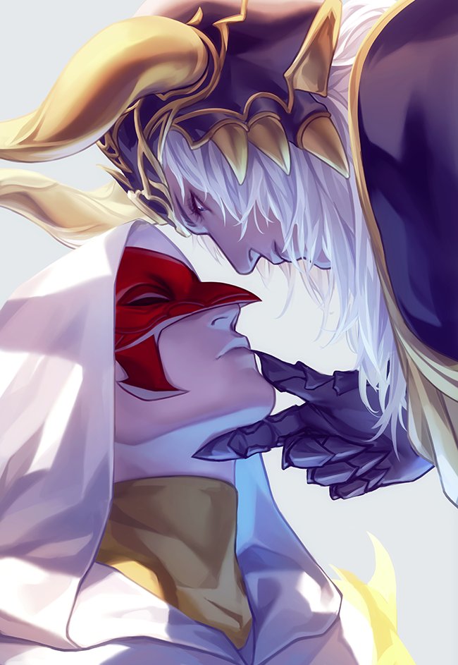 2boys, cape, clawed_gauntlets, commentary, elidibus, english_commentary, eye_mask, fake_horns, final_fantasy, final_fantasy_xiv, gold_trim, grey_hair, hand_on_another's_chin, helmet, hood, hood_up, hooded_robe, horned_helmet, horns, long_hair, male_focus, mask, multiple_boys, red_mask, robe, shirt, turtleneck, upper_body, warrior_of_light_(ff1), white_robe, yellow_cape, yellow_shirt, zhyphenth